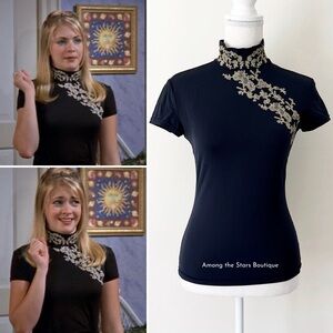 Super Rare 90s Vintage Black Mock Neck Floral Top ASO Sabrina The Teenage Witch